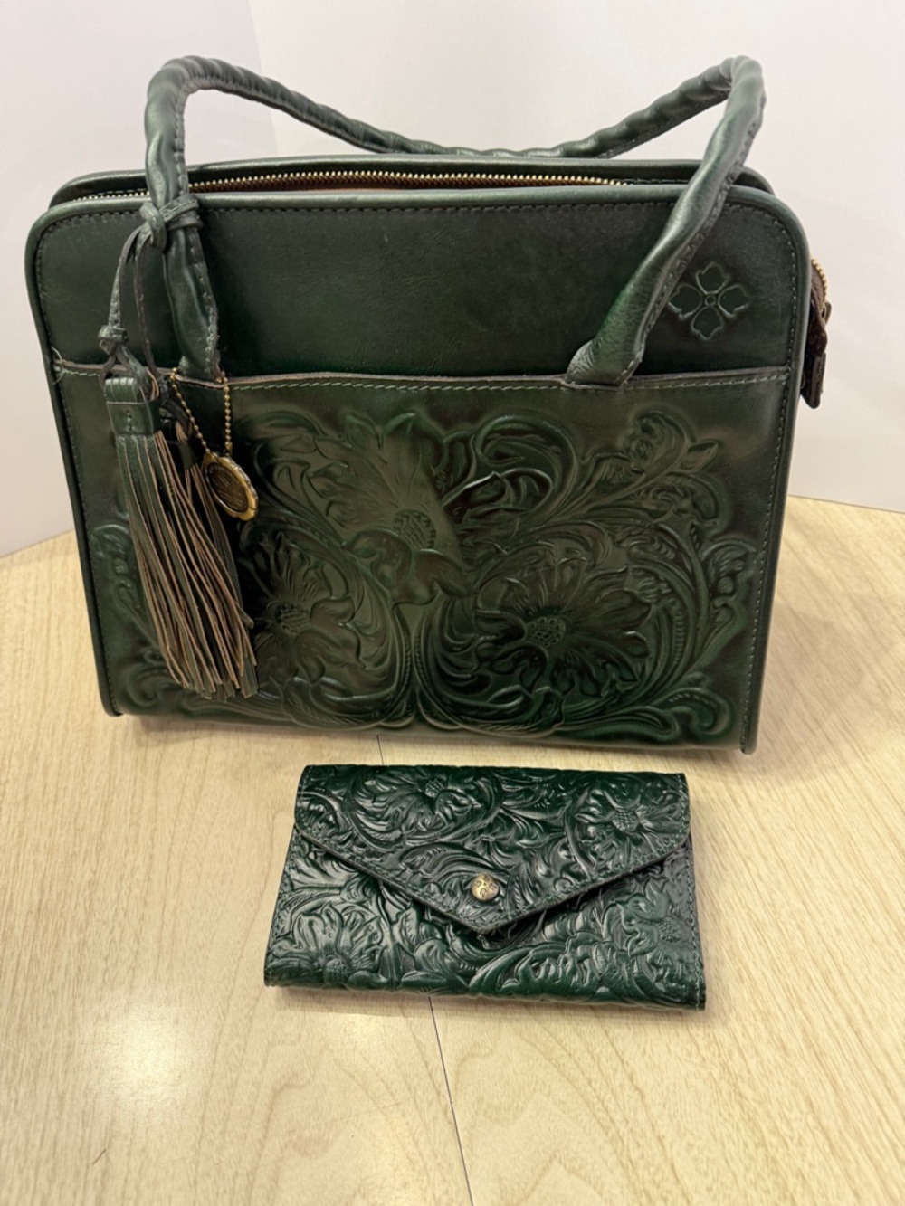 Patricia Nash Embossed Floral Satchel and Wallet in Dark Green